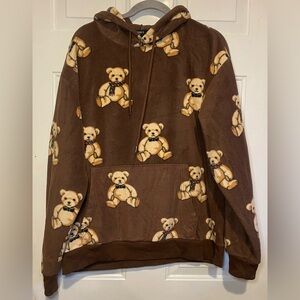 Forever 21 Men’s Teddy Bear Fleece Pullover Hoodie Size Large Brown Holiday